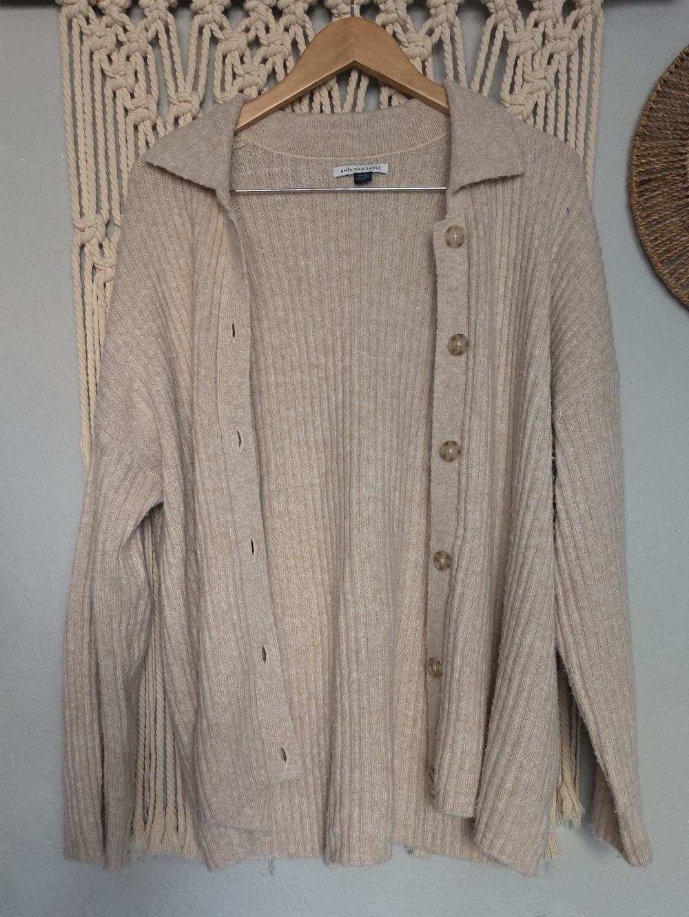 American Eagle Outfitters Beige Ribbed Button-Front Cardigan
